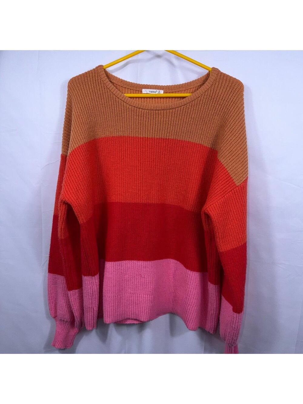 Timing Women’s Colorblock Chunky Knit Sweater Size M Pink Red Orange Cozy
